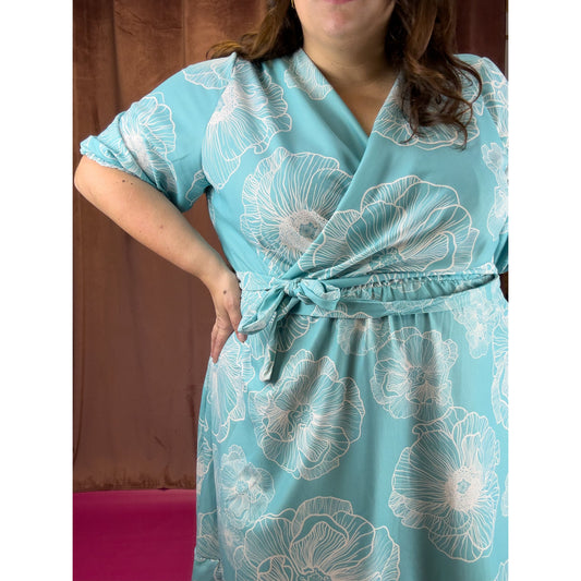 ROBE CACHE-COEUR - TURQUOISE A FLEURS BLANCHES